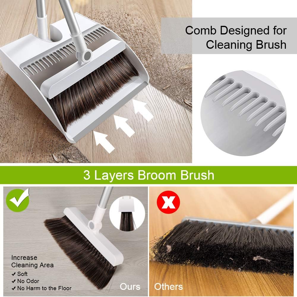 Dustpan and Broom Set with Long Handle, Tencoz Upright Sweep Set with Lock, 180