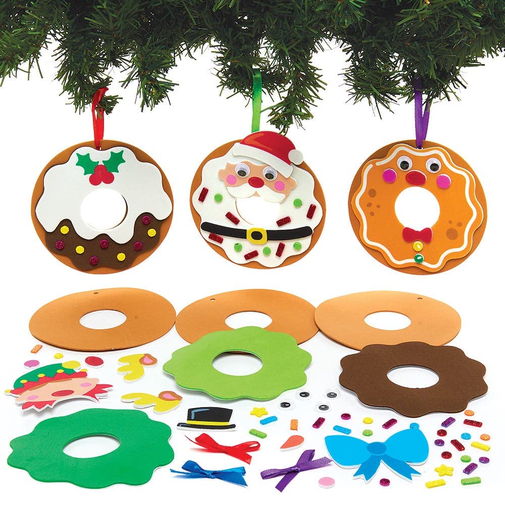 Baker Ross FX363 Christmas Doughnut Decoration Kits - Pack of 8, Kids Christmas Decorations Craft Kit, Arts and Crafts Christmas Decorations