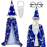 Skicuff 4 Pcs Halloween Wizard Cape Costume with Hat Glasses Beard Blue Cloak Party Set Unisex Wizard Party Costume Pretend Play and Dress Up