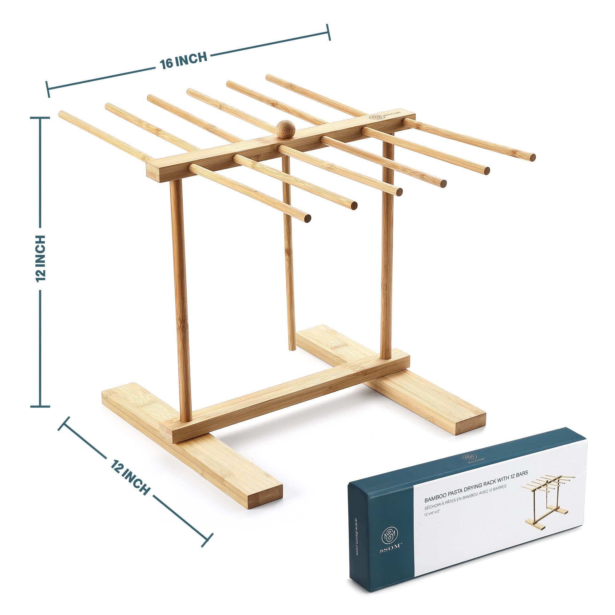 Bamboo Pasta Drying Rack with Transfer Wand and 12 Bars, Easy to Transfer for Drying Pasta and Cooking, Special Suspension Design for Large Storage