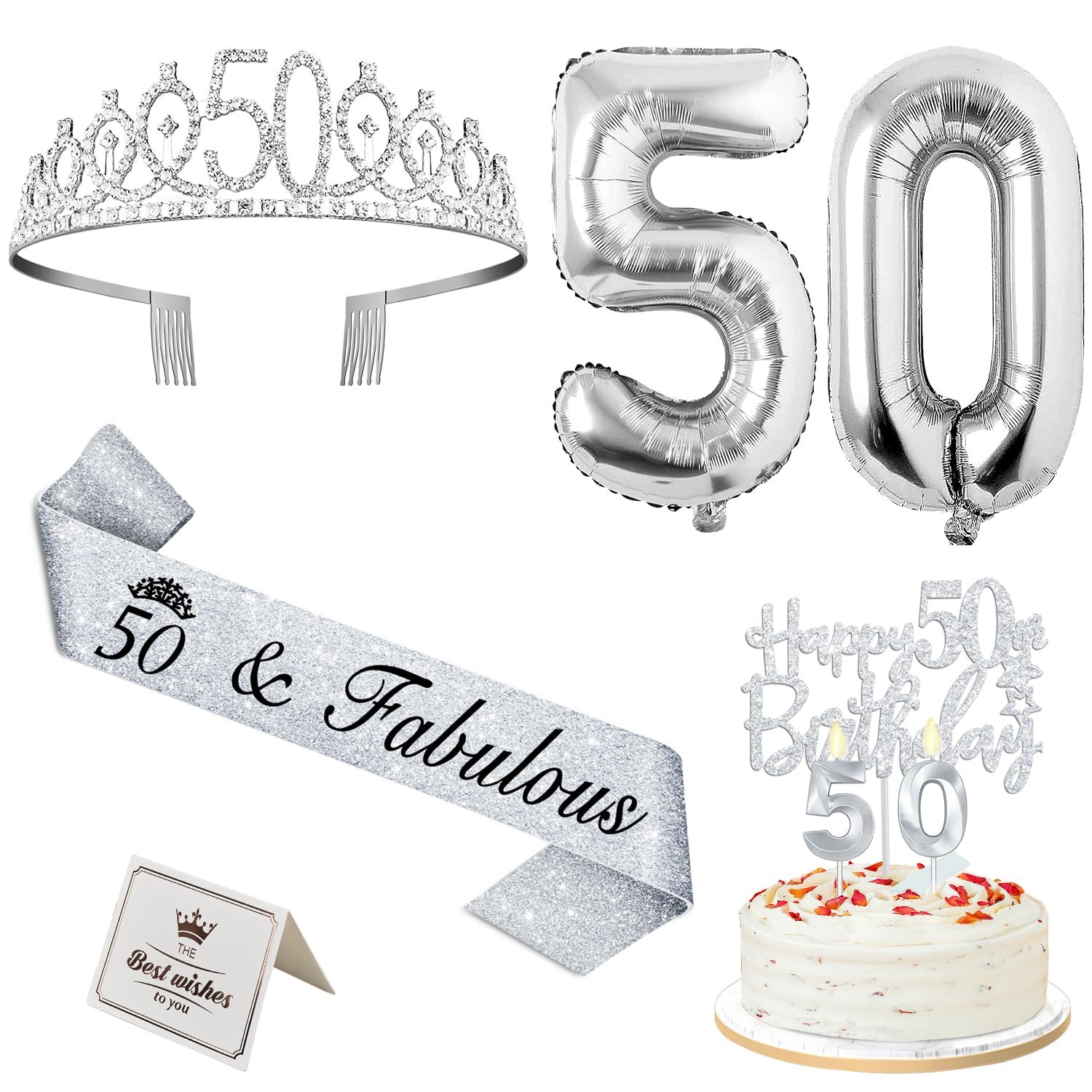 50th Birthday Decorations for Women Silver with 50th Birthday Sash and Crown, Cake Topper and Candles, Silver Number Balloons, 50 Year Old Gifts for Women