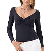 Danysu Women's Ribbed Long Sleeve Going Out Top Twist Front Sweetheart V Neckline Shirts Built-in Bra Slim Fit Tops Tee