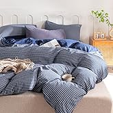Janlive Dark Navy Blue Plaid Duvet Cover King Size AB Double Version Design 100% Washed Cotton Linen Feel Textured Ultra Soft Breathable Bedding Set with Zipper Closure - 3pcs Navy Blue Grid King