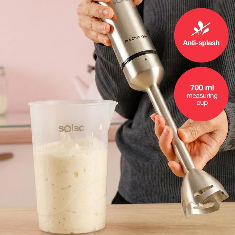 - Batidora de Mano Pro Chef 1201, 1200W, 21 Velocidades Ajustables + Turbo, 4 Cuchillas Acero Inoxidable, Pica Hielo, Antisalpicaduras, Accesorios Incluidos, Vaso Medidor, Negro y Metálico