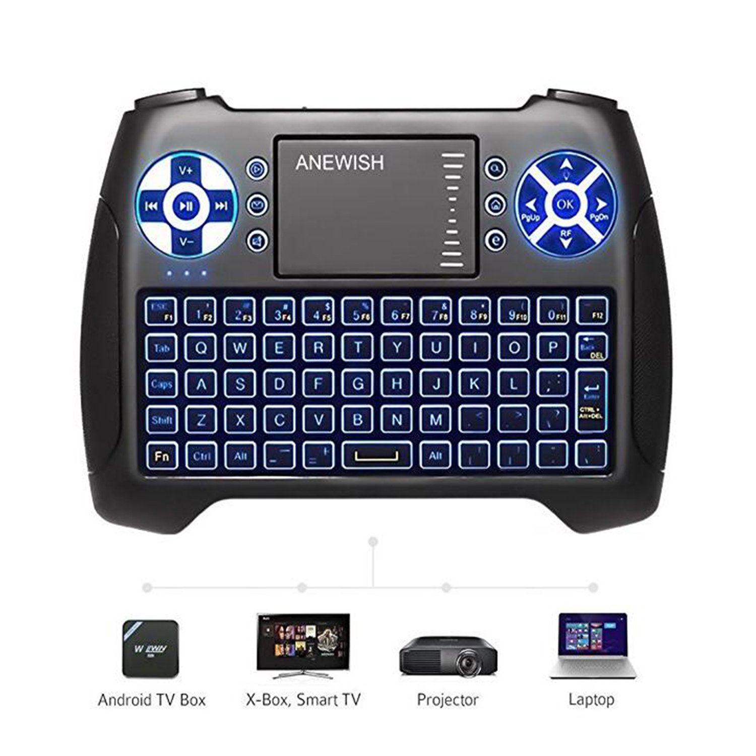 (2018 Latest, Backlit) ANEWISH 2.4GHz Mini Wireless Keyboard with Touchpad Mouse Combo, Rechargable Li-ion Battery &amp; Multi-Media Handheld Remote for Google Android TV Box,PS3,PC,PAD