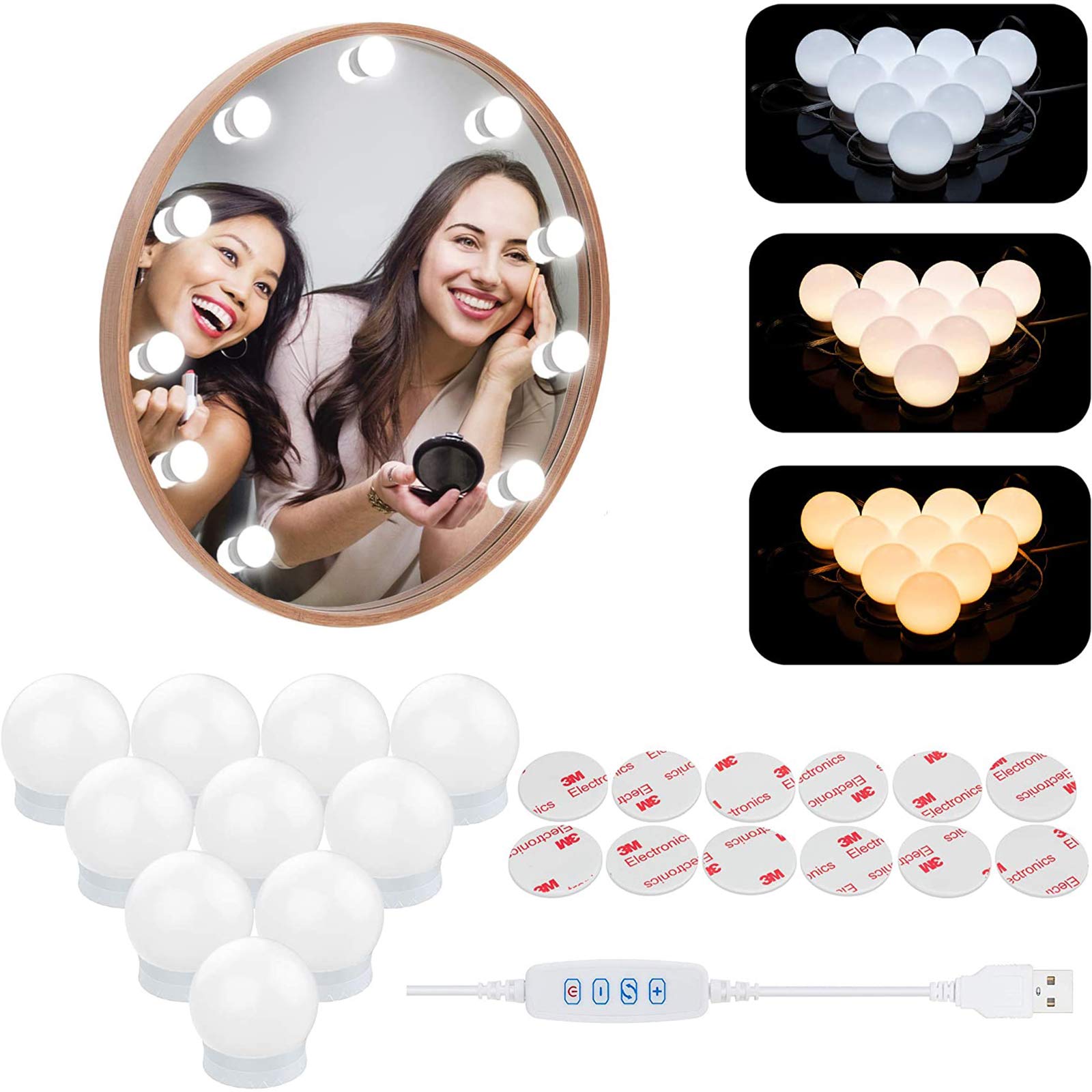 Vanity Mirror Lights,Hollywood Style LED Makeup Lights with 10 Dimmable Bulbs Strip Lights Kit with Touch Sensor Dimmer Switch USB Cable Dressing Table Light with 3 Color Modes & 10 Brightness