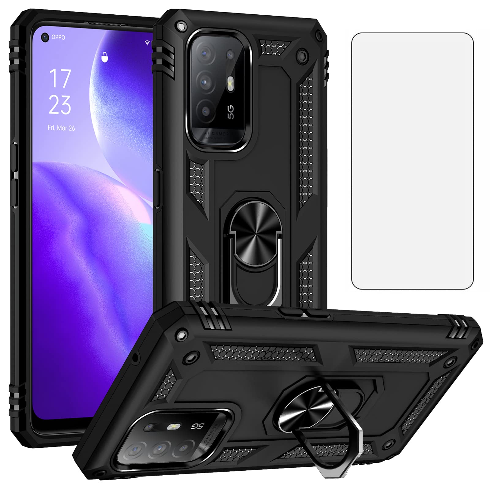 Asuwish Phone Case for OPPO Reno5 Z/A94 5G/A95 5G/F19 Pro+ 5G With Tempered Glass Screen Protector Cover Stand Ring Holder Hard Magnetic Shockproof Kickstand Reno 5 A945G A955G Women Men Black