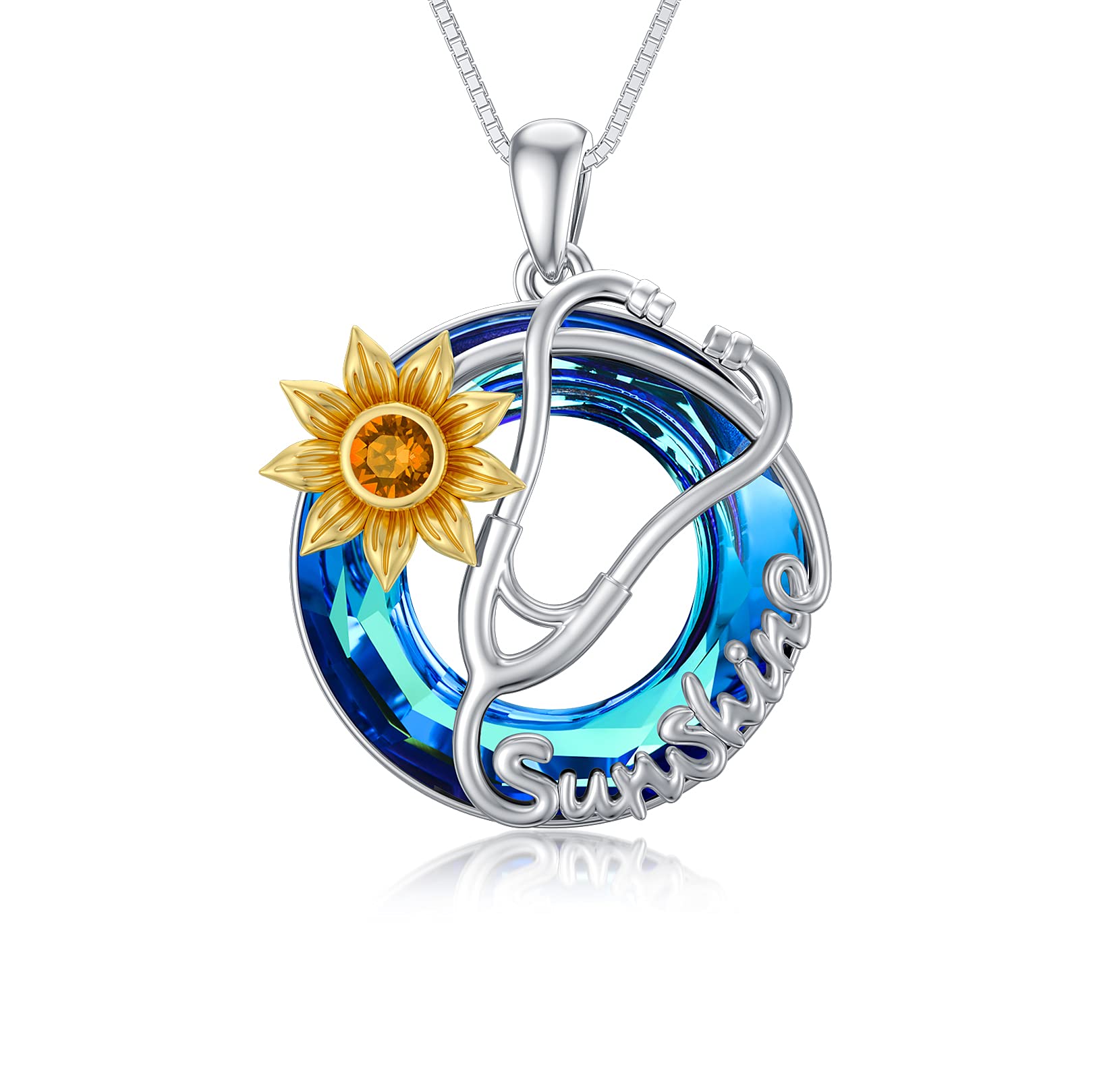 Doctor Nurse Stethoscope Necklace Sunflower 925 Silver with Crystal Paramedic Gift for Medical Student Nurses
