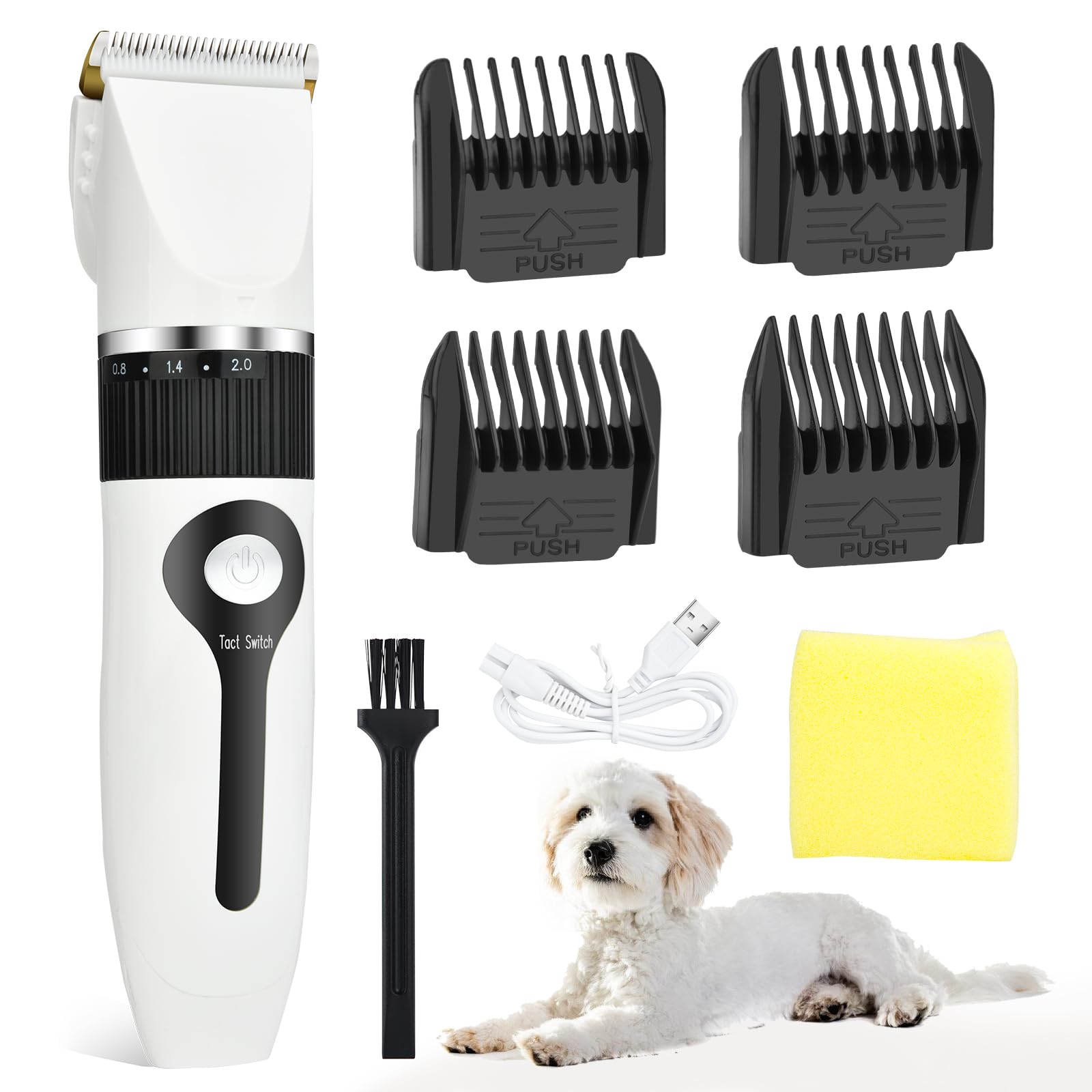 Timiyou Dog Clippers, Dog Grooming Kit Clippers, Rechargeable Cordless Pet Clippers Low Noise Pet Hair Clipper Dog Clippers Professional for Thick Hair with 4 Combs for Dogs Cats Horses, White