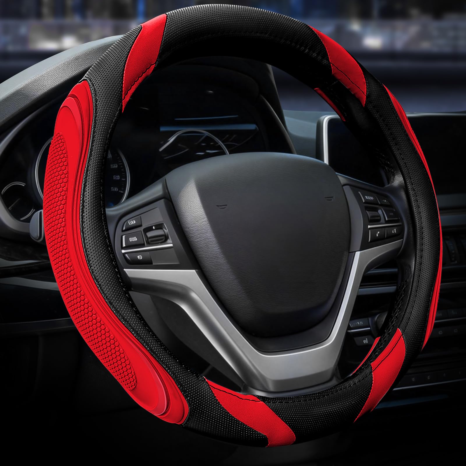 Car Steering Wheel Cover - Sportage Leather Steering Wheel Cover Universal Size M 37-38cm /14.5-15inch, Anti-slip, Breathable, Red