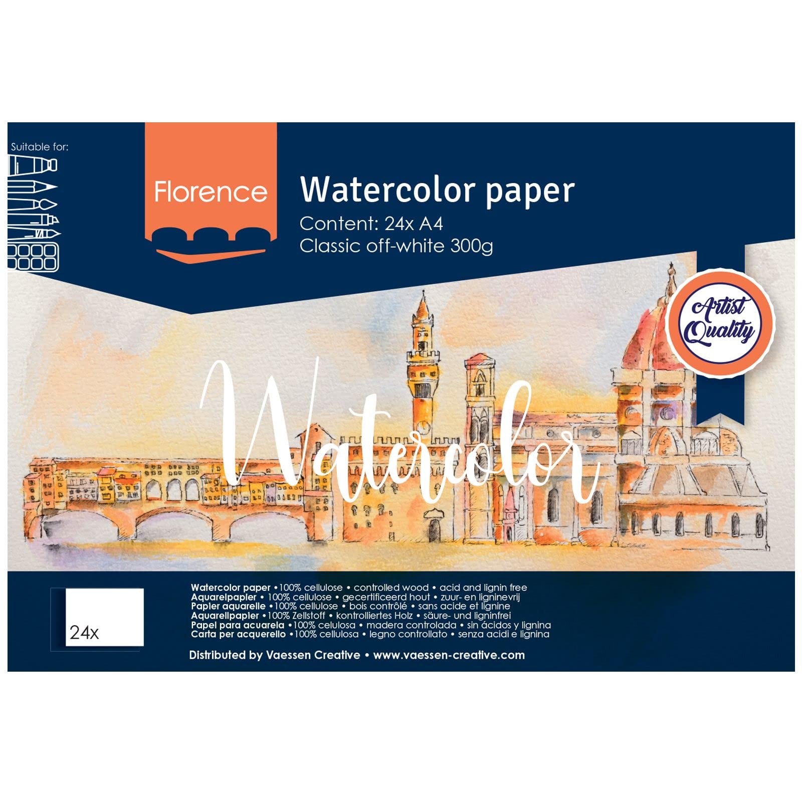 Vaessen Creative Florence Watercolour Paper Pad A4, Off-White, 300 GSM, Textured Surface, Artist Grade Quality, Sketchbook with 24 Sheets for Painting, Handlettering and Art Projects