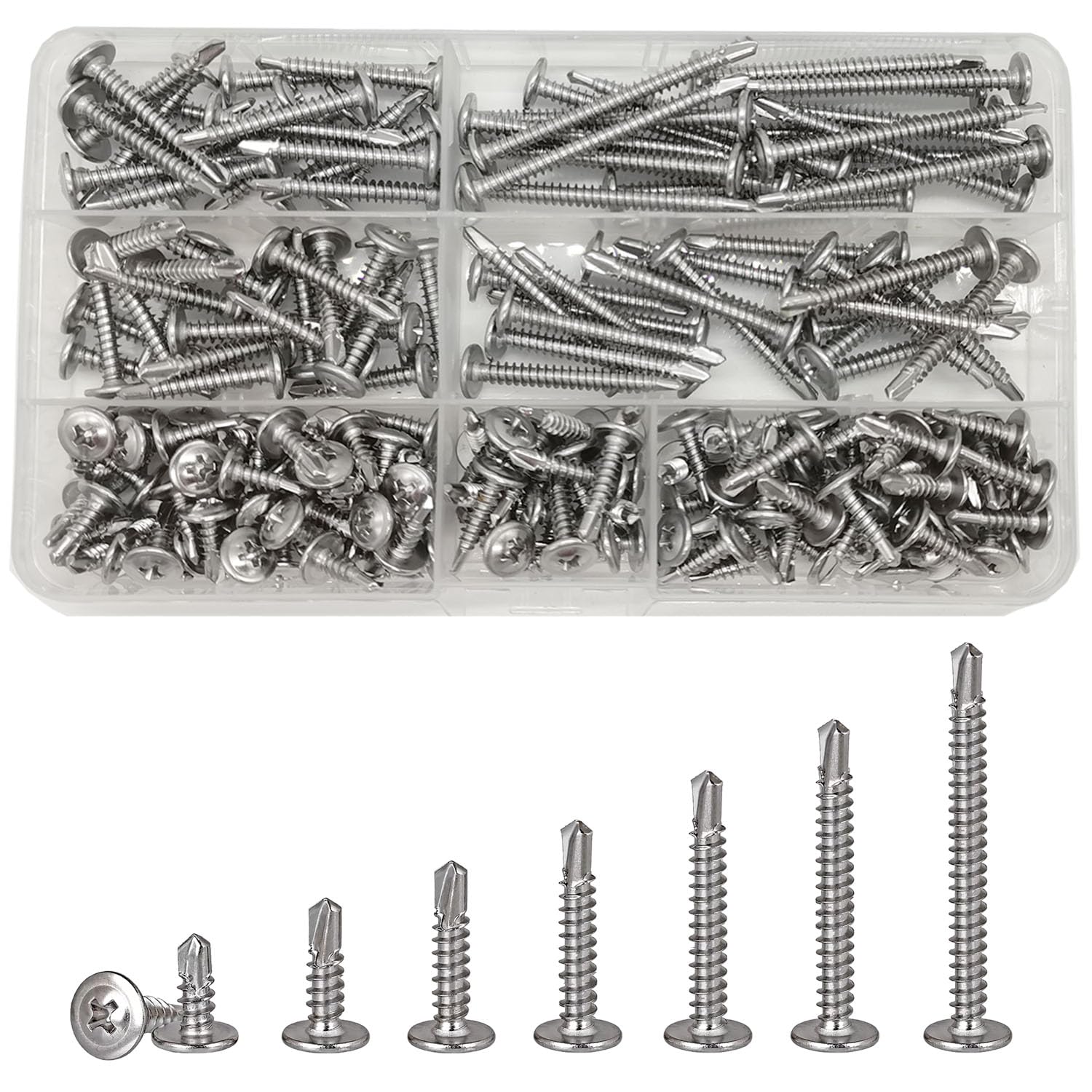 200 Pcs M4.2 Wafer Head Self Phillips Drilling Screws, Stainless Steel Round head Self Drilling Screws for Metal, Truss Head Self Driller Assortment Kit(13 - 50mm)