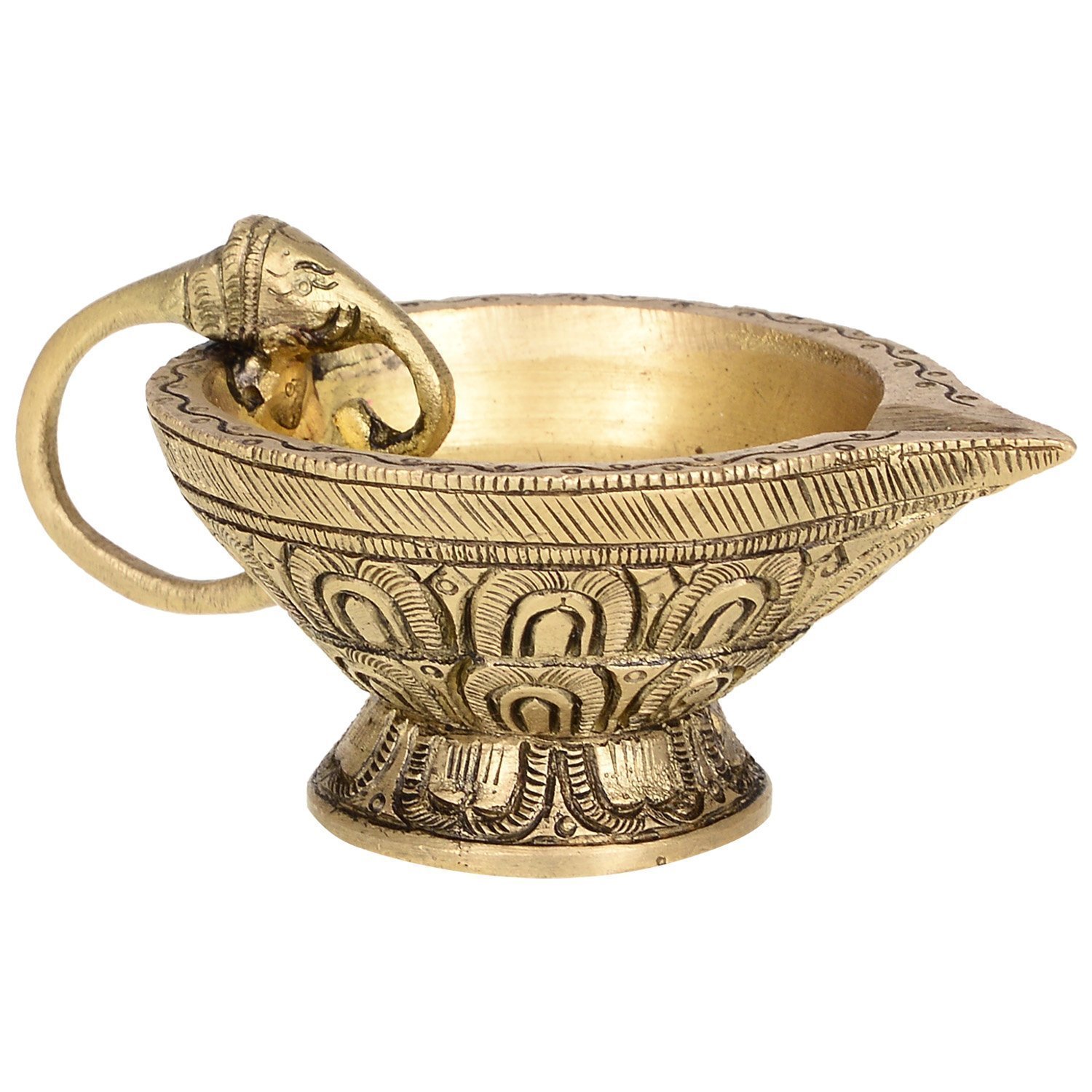 Purpledip Unique Brass Arti Deepak with Handle of Elephant Head, Indian Gift Item (10221)