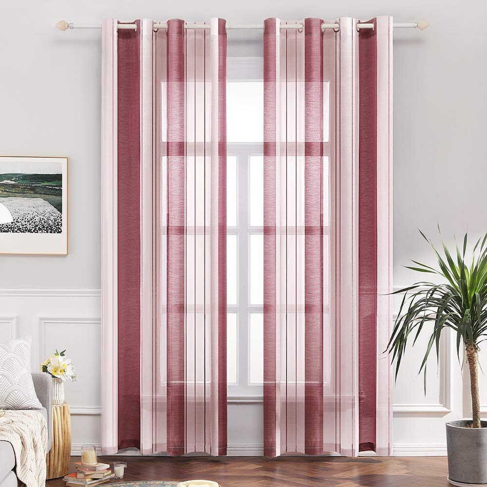 MIULEE Voile Classic Striped Curtain Translucent Modern Light Filtering Transparent Eyelet Top Window Curtain for Bedroom Living Room 2 Panels 55" Wx88 L 140x225cm Wine Red