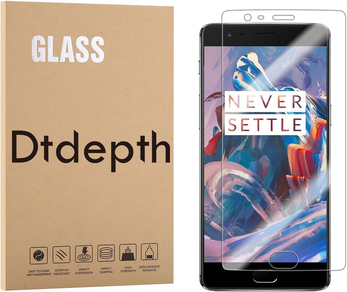 Dtdepth OnePlus 3 / OnePlus 3T Screen Protector 0.25mm Ultra Slim [3D Touch] Full Coverage Full Transparent Tempered Glass Film Screen Guard Case Friendly for Oneplus Three / 3T - Curved Edge