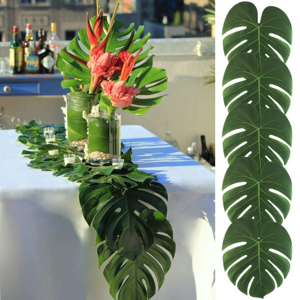 Tropical Palm Tree Leaf Decor - 50PCS Tropical Large Palm Tree Leaves Decorations, Artificial Faux Tree Palm Leaf for Home Hawaiian Luau Safari Jungle Beach Party Decor (Include 60pcs Dots Tapes)