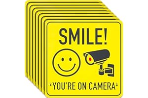 Smile You're On Camera Sign Stickers - 7 X 7 Inch - 8 Pack - Polite Video Surveillance Signs to Prevent Trespassing on Privat
