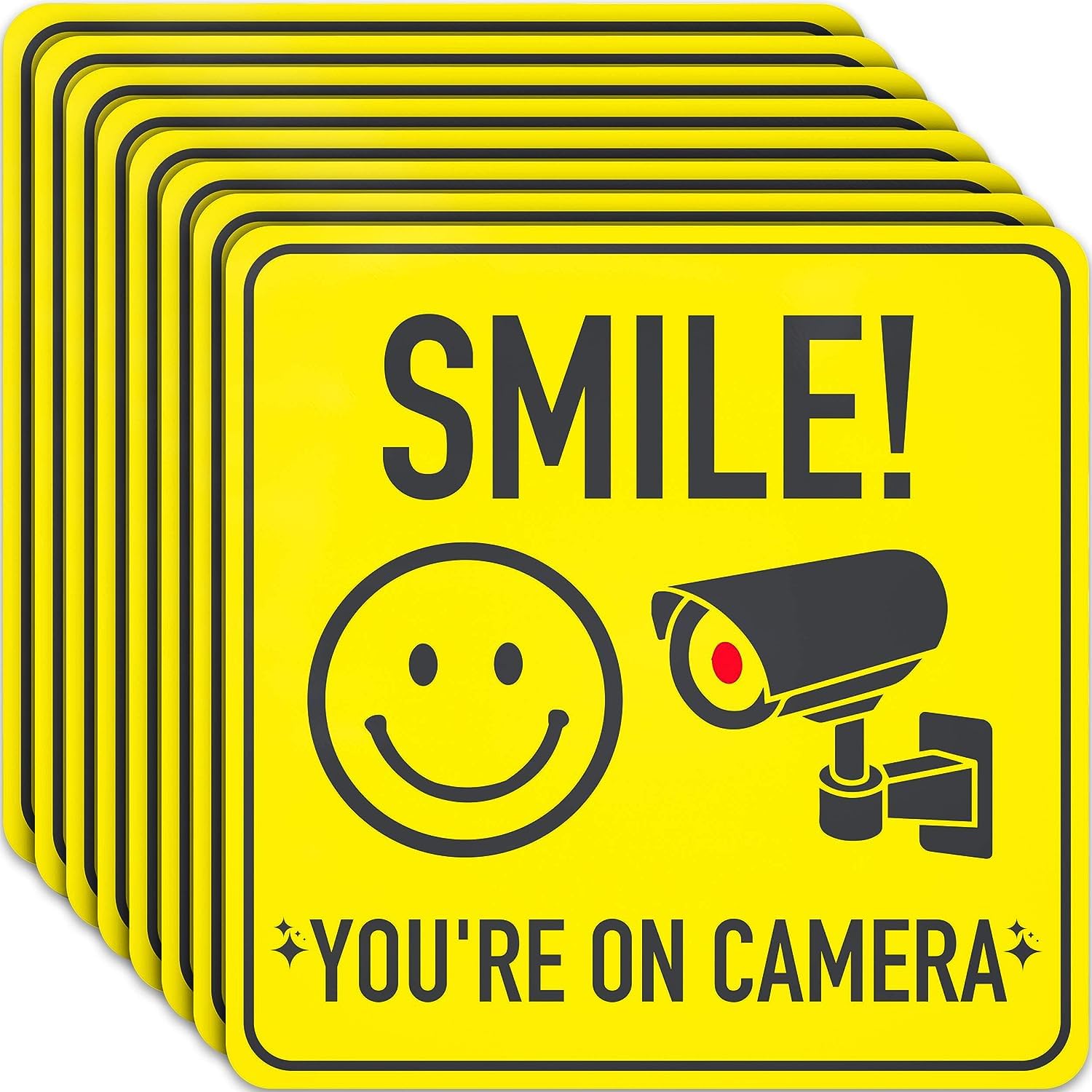 Smile You Are On Camera Signs - Ideal CCTV Stickers for Window - 7 X 7 Inch - 8 Pack - Perfect Signs For Video Surveillance of House, Business, Yard or Driveway