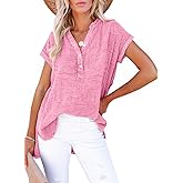 Dokotoo Women's Summer 2026 Boho Tops Casual Button Short Sleeve V Neck Shirts Solid Cotton Blouses