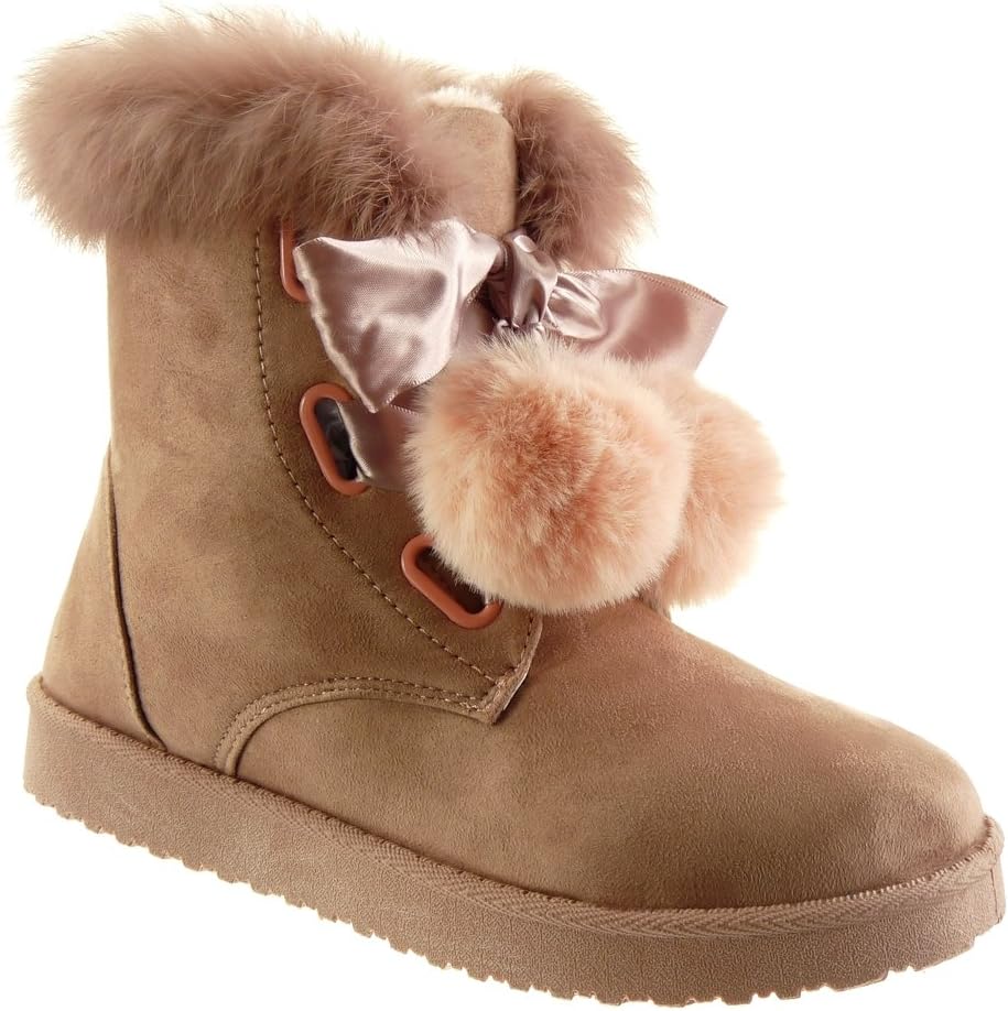 Angkorly - Women's Fashion Shoes Ankle Boots - Booty - Snow Boots - pom pom - Fur - Satin lace Flat Heel 2.5 cm