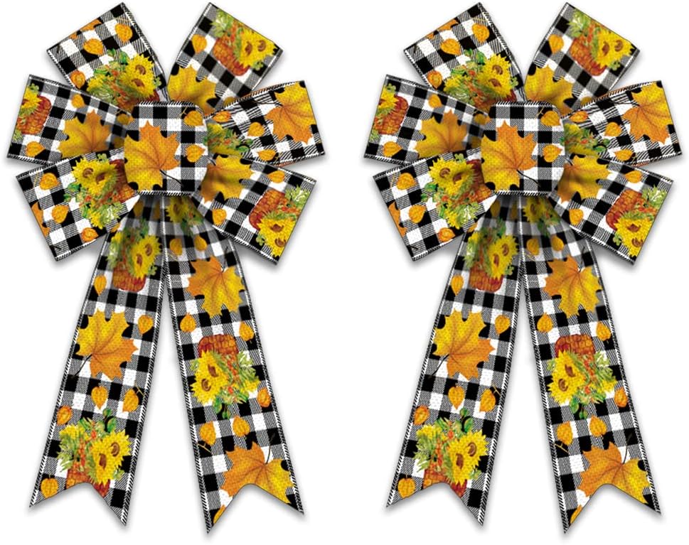 Bows & Ribbons - 2PCS Fall Wreath Bows, Black White Buffalo Plaid Bows for Wreath Farmhouse Bow for Front Door Autumn Maple Leaves Sunflower Tree Topper Bows for Thanksgiving Wall Ornaments Home Indoor Outdoor Decor
