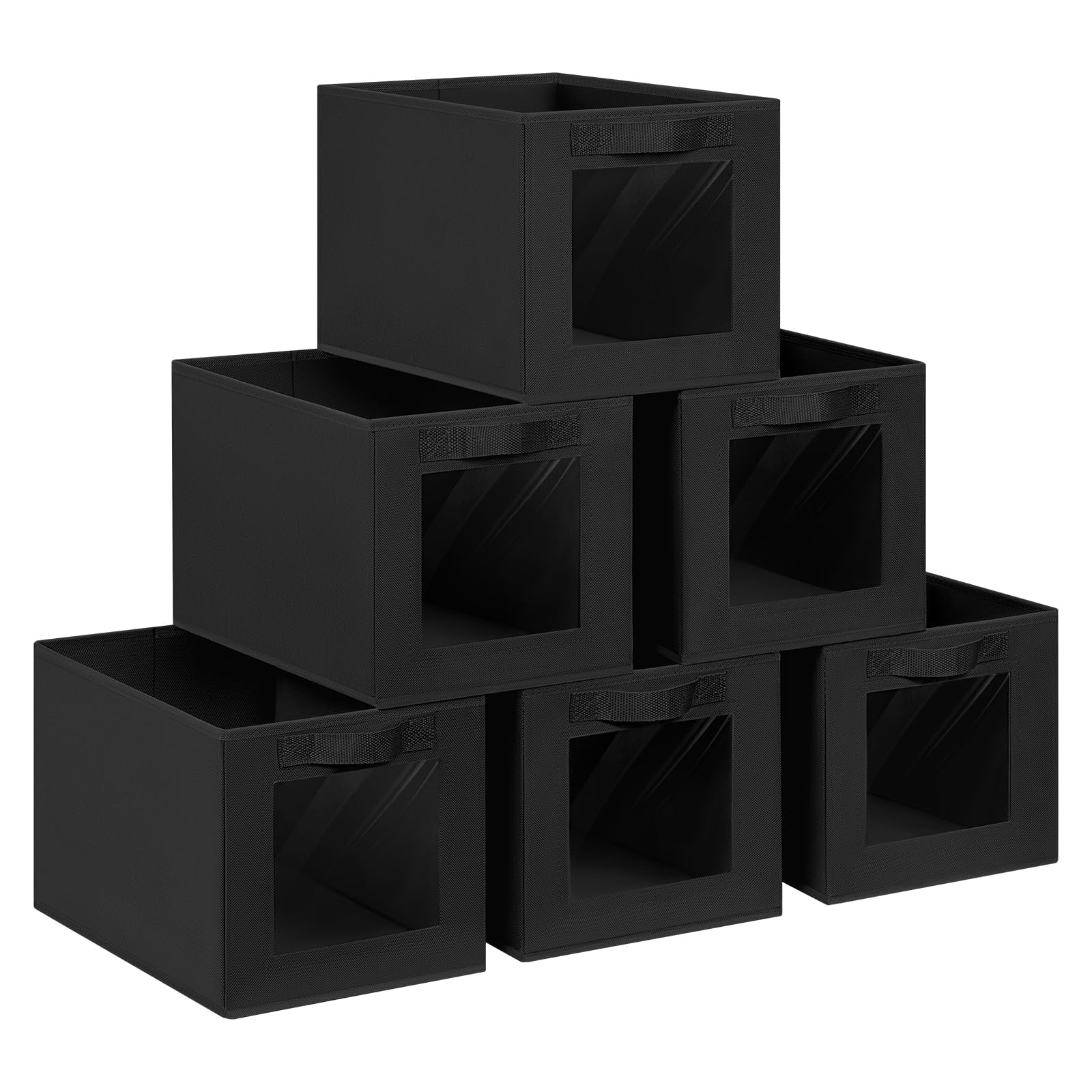 DIMJ 6 Pack Foldable Storage Boxes with Transparent Window, Fabric Storage Basket with Handle, Wardrobe Storage Organiser Boxes for Clothes, Toys, Books, Black