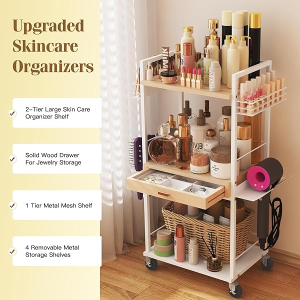 XUBIALO 3 TIER ROLLING UTILITY CART WITH WOODEN DRAWER, STABLE AND STURDY MADE OF MULTIFUNCTIONAL STORAGE ORGANIZER TOOL FOR KITCHEN, BATHROOM, MAKEUP, LIVING ROOM, BABY ESSENTIALS, WHITE