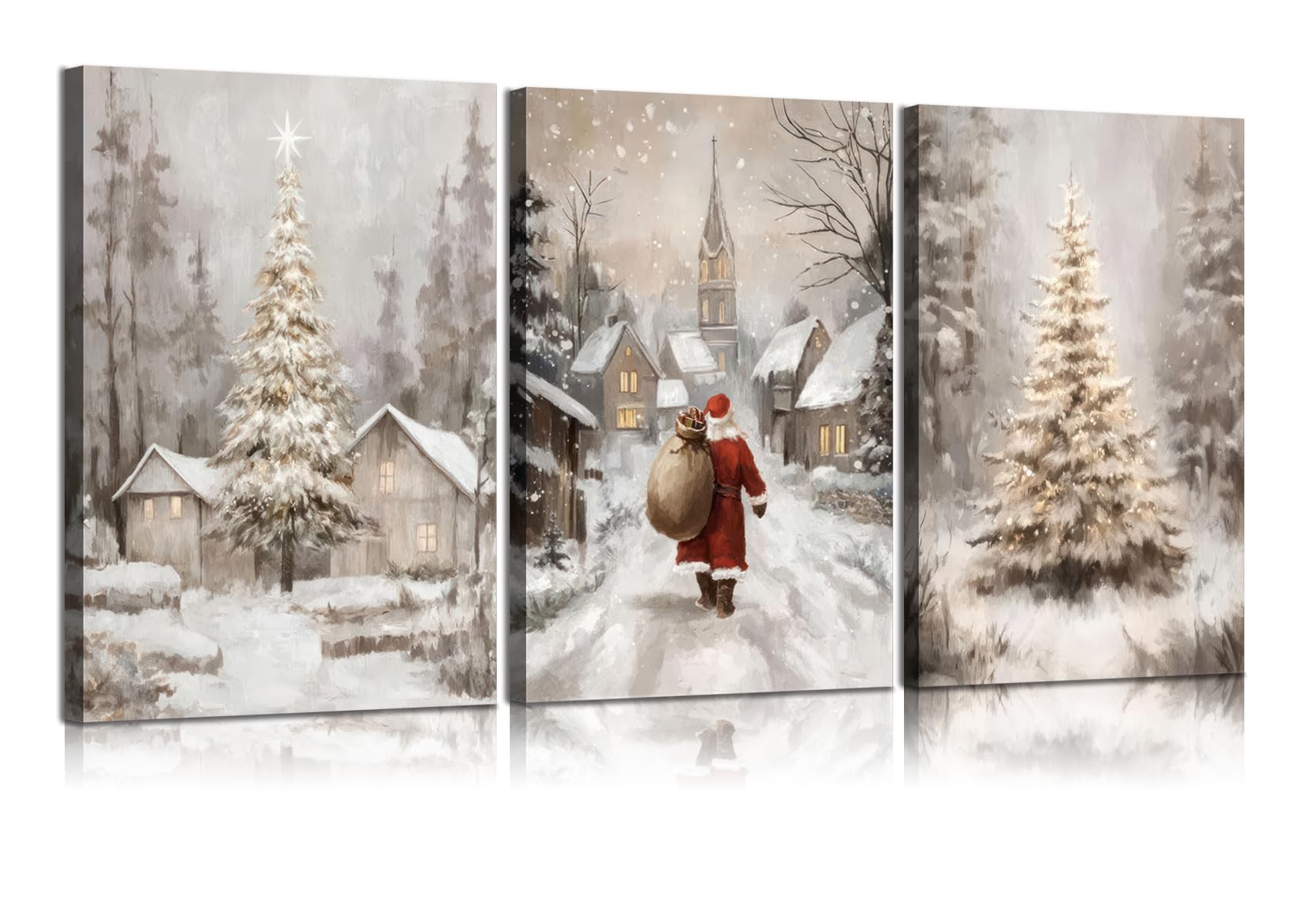 Photo 1 of 3Pcs Christmas Winter Snow Scene Canvas Wall Art Pine Trees Landscape Wall Decor Picture Retro Country Cabin Snowy Poster Prints for Bedroom Living Room Kitchen Home decorations Framed