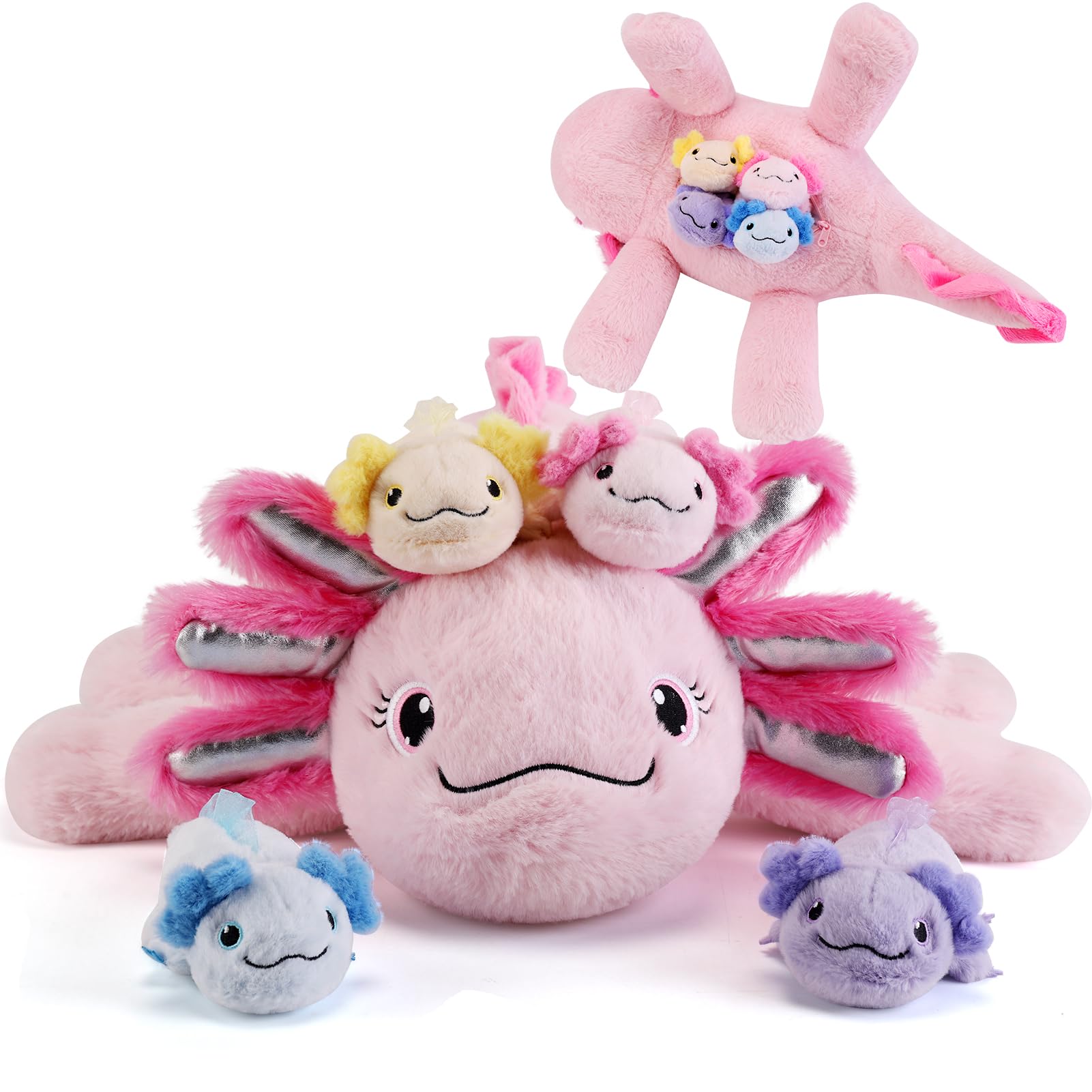 Photo 1 of *BROKEN ZIPPER* gnomantic 5 Pieces Axolotl Stuffed Animals with Babies Inside Belly - 1 Mommy Stuffed Axolotl with 4 Babies - Pink Axolotls Plush Toy for Kid Age 3-8, Gift Ideal for Christmas, Valentine's, Birthday