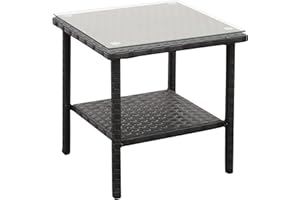 VALITA Outdoor Wicker Glass Top Side Table - Patio Balcony Deck Pool Square End Table with Storage, Black