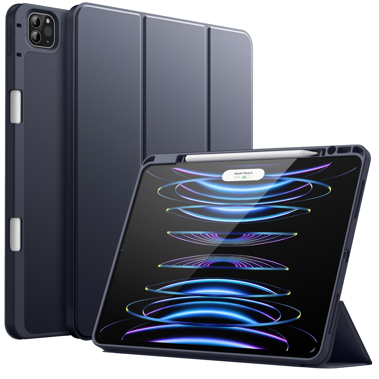 JETech Case for iPad Pro 12.9-Inch (6th/5th Generation, 2022/2021 Model) with Pencil Holder, Support 2nd Pencil Charging, Slim Tablet Cover with Soft TPU Back, Auto Wake/Sleep (Navy)