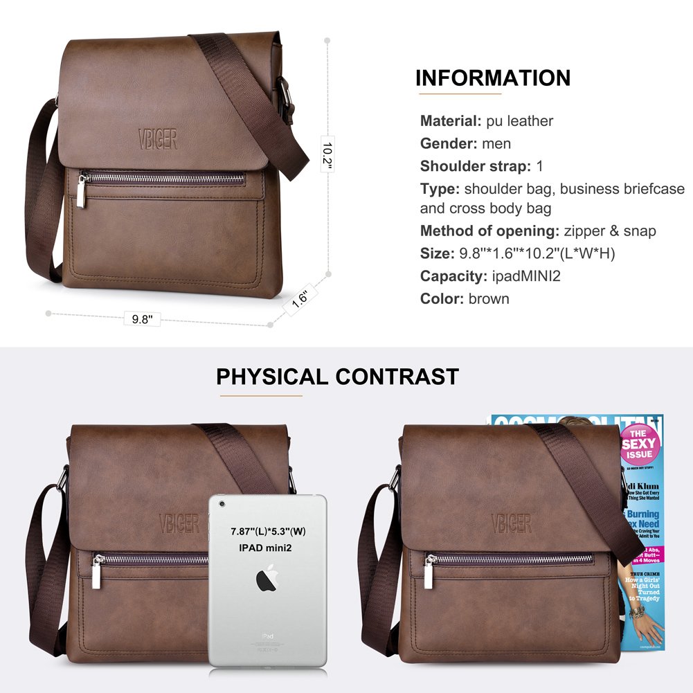 Vbiger Sac à Bandoulière vintage Homme Porte-Documents Sac de Messager à l\'épaule Homme Sac en cuir business pour bureau, brun, Taille unique