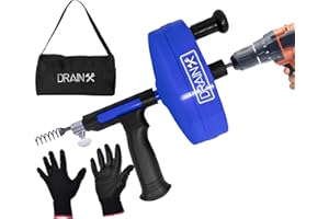 DrainX Power Pro 35-FT Steel Drum Auger Plumbing Snake with Drill Attachment | Use Manually or Powered | Heavy Duty Drain Cleaning Cable with Work Gloves and Storage Bag Included