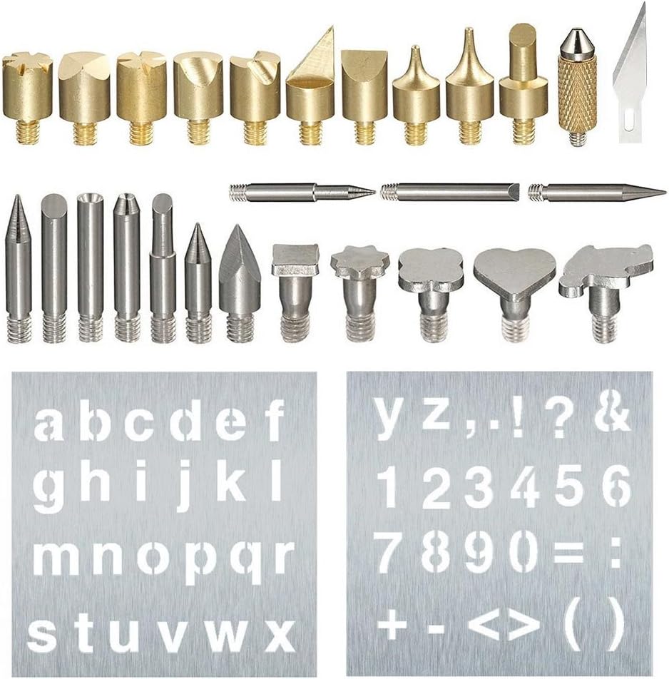 Tips and Stencils for Wood and Leather Pyrography Pen Kit, 28 Pcs Assorted Wood Burning Carving Soldering Tips, Replacement Wood Burning Tips for Woodburners