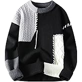 GURUNVANI Patchwork Sweater Mens Colorblock Jumper Cable Knitted Pullover Oversized