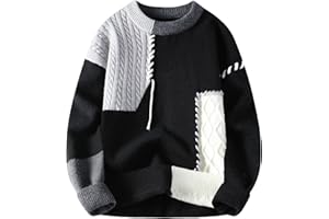 GURUNVANI Patchwork Sweater Mens Colorblock Jumper Cable Knitted Pullover Oversized