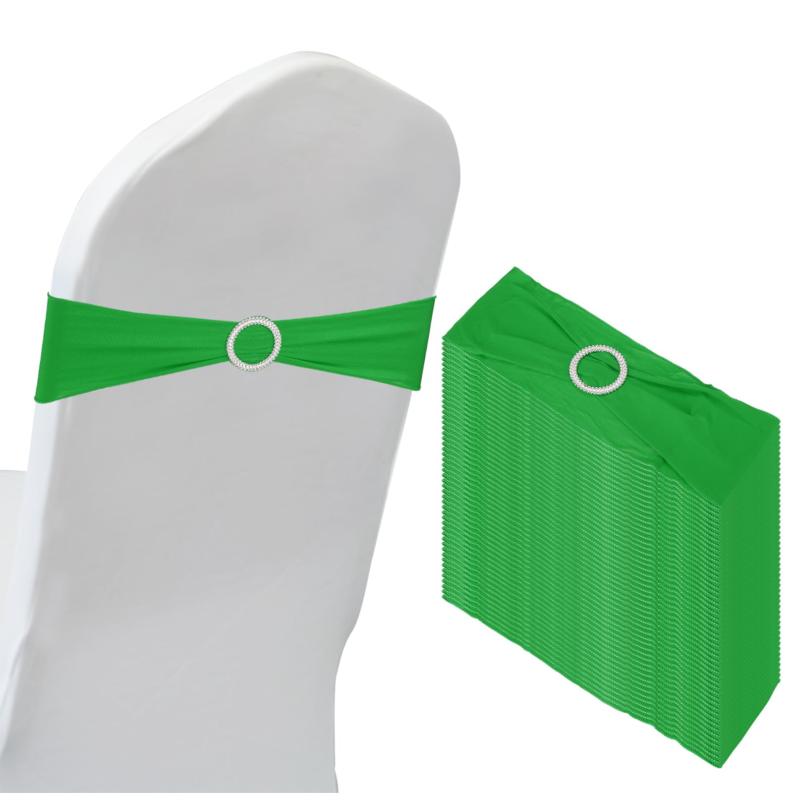 PATIKIL 14"x5" Stretch Chair Sashes Bows, 50 Pack Elastic Chair Bands Sashes with Buckle Slider for Wedding Banquet Decorations, Green