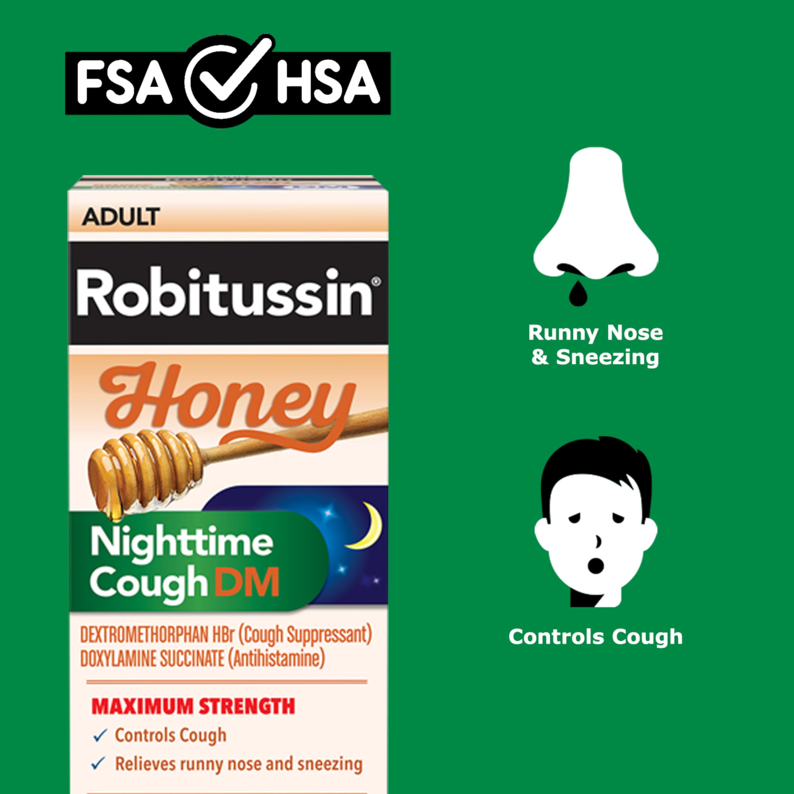 Robitussin Honey Nighttime Cough DM Max - Controls Cough, Runny Nose and Sneezing - Adult Formula, 4 Fl Oz