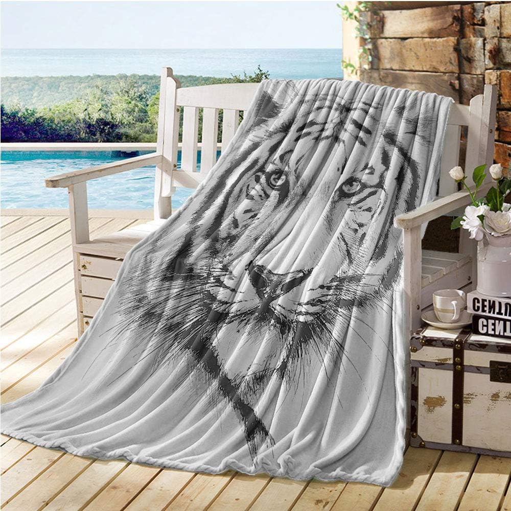Jecycleus Animal, Super Soft Lightweight Blanket, Safari Wildlife African Dangerous Sketchy Magestic Big Cat Tiger Image Artwork, Summer Quilt Comforter 70x60 Inch White and Grey