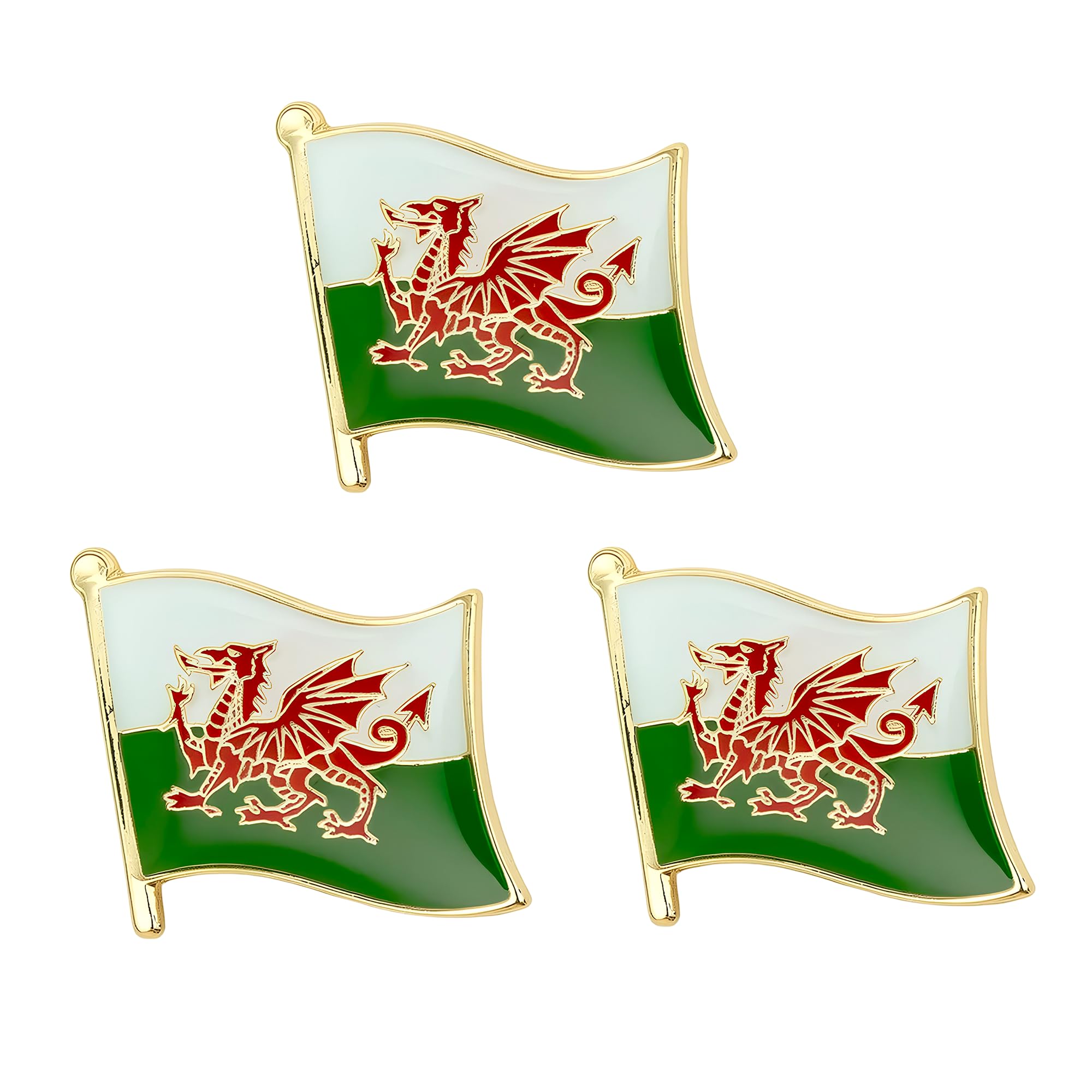 3 x Wales Welsh Dragon Flag Lapel Pins – Red Dragon National Emblem Badges – Cymru Country Pride Accessories – Size: 1.6cm x 1.9cm