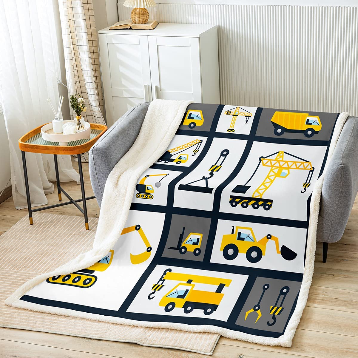 Boys Construction Fleece Throw Blanket - Kids Cartoon Machinery Truck Sherpa for Bed Sofa - Children Construction Site Car Vehicle Decor Plush Soft Cozy Fuzzy Single 50x60 Inch