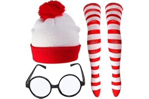 Yewong 3 Pieces Red White Beanie Hat Costume Accessory Set with Knitted Pom Pom Beanie Hats Round Costume Glasses