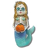 Needzo Catrinas Mexicanas Dios De Los Muertos Sugar Skull Mermaid Figurine Holding Pumpkin, Nautical Fall Tabletop Decorations, 10 Inches