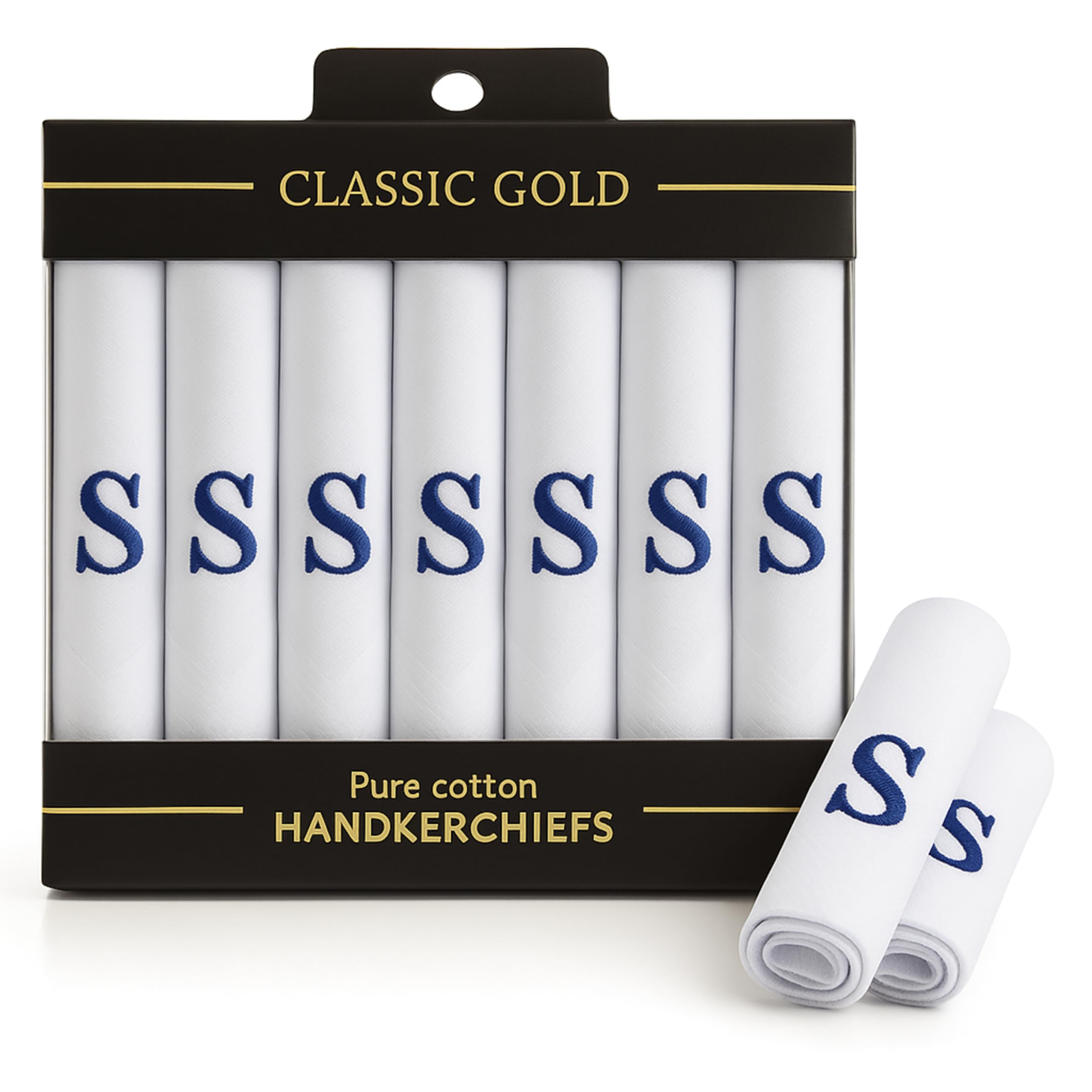 DUDU N GIRLIE 7 Pack of Mens/Gentlemens White Satin Bordered Handkerchiefs with & Blue Embroidered Initials, S, One Size