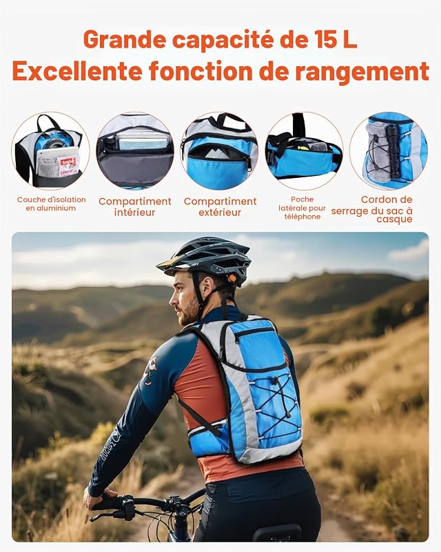 Sac à dos d'hydratation 15 L, sac à dos d'eau isolé avec poche à eau en TPU 3 L, sac à dos de randonnée avec rangement pour homme et femme, pour randonnée, course à pied, cyclisme, camping, bleu