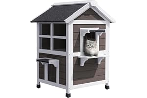 WARCAT Large Outdoor Two-Story Cat House, Weatherproof, Outdoor Feral Cat Shelter with Escape Door, Wood Cat Condo with Windows for Small Animals (Gray-Black, Two Story)