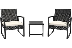 ELEGIBLISS 3 Pieces Outdoor Patio Set -Wicker Rattan Chair Conversation Set with Glass Table for Poolside Yard Rocking Chair Set for Bistro Garden Front Porch All Weather Patio Furniture Set