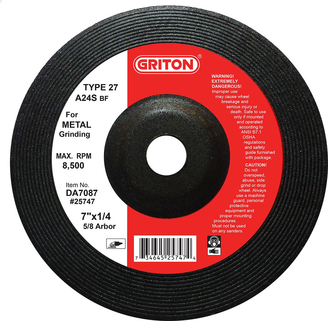 Griton DA7087 Type 27 Grinding Wheel Used on Metal, Aluminum Oxide, 8500 RPM, 7" Diameter (Pack of 20)
