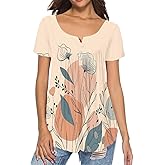 Poetesant Rose Tunic Tops for Women Blue Rose Short Sleeve Flare T-Shirts Rose Flowers V-Neck Button Up Pleated Top