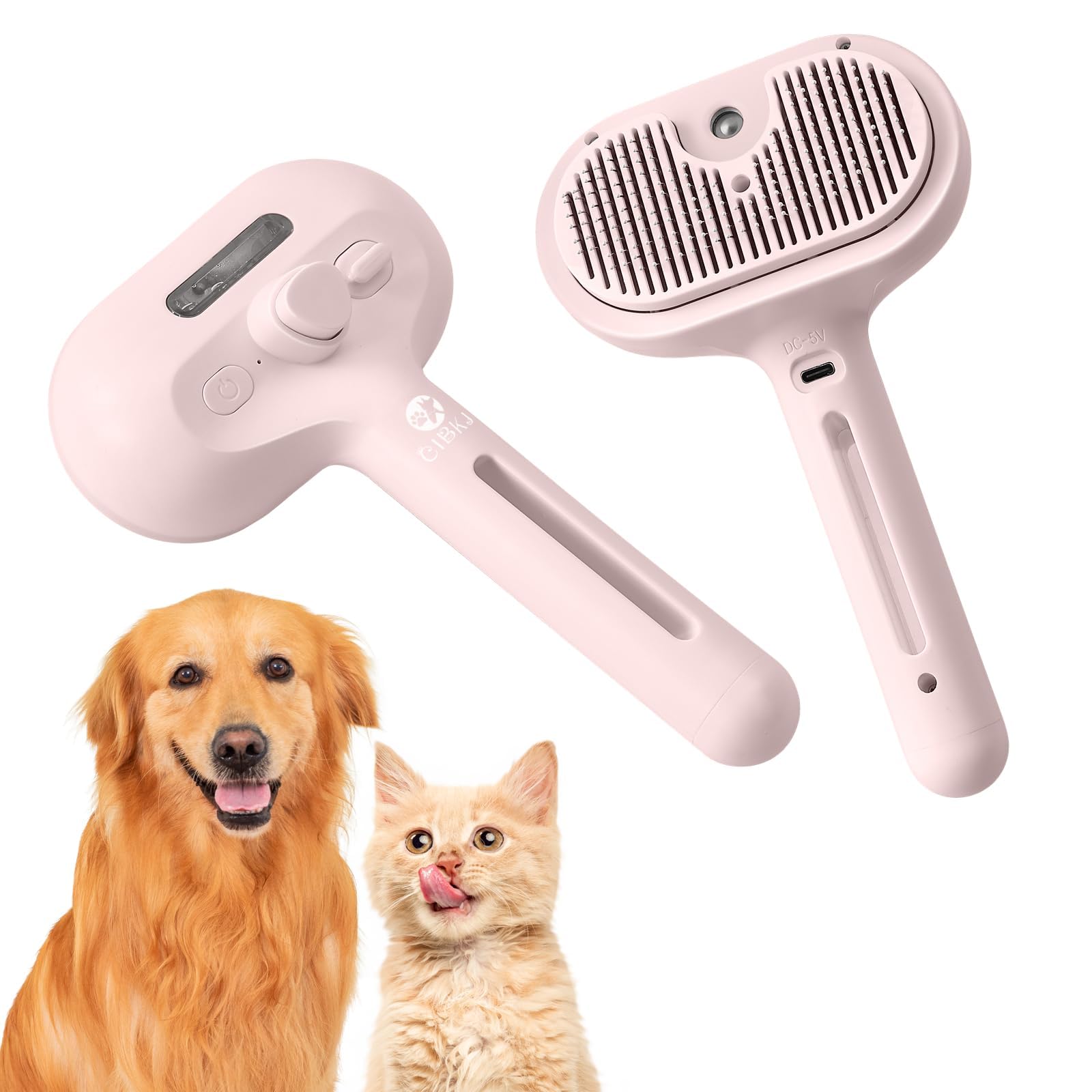 CIBKJ Cat Steam Brush For Cats Anti-Static Cat Brush Removes Flying Hair with Release Button and Tank Rechargeable Steamy - Pink